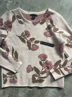 Tahari Pink and Brown Floral Scoop Neck Sweater Sz L NWT
